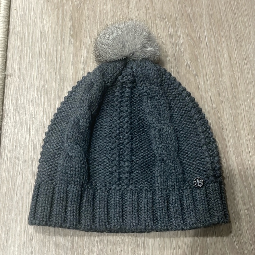 Tory Burch Charcoal Cable Knit Pom-Pom Hat